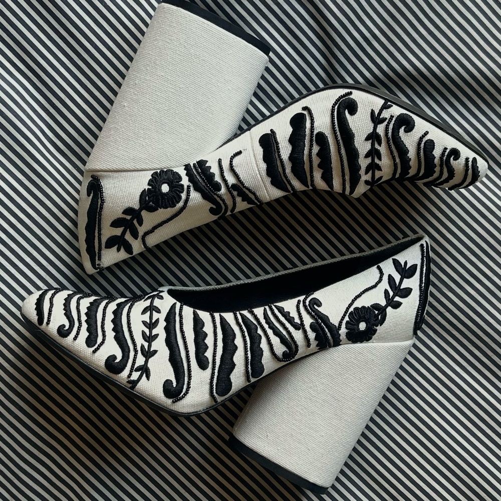 Tory Burch Black Floral on Cream Heels
